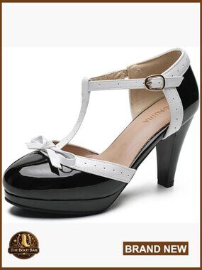 Vintage T-Strap Mary Janes Platform Bow Heels Round Toe Ankle Strap Pumps